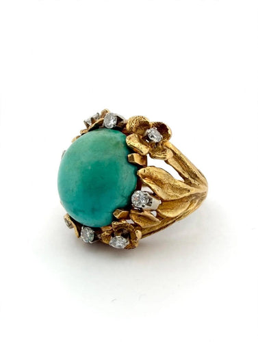 Bague 49 Bague cocktail des années 1960-1970 en or jaune 18 carats, turquoise et diamants 58 Facettes 632/26 A SHD