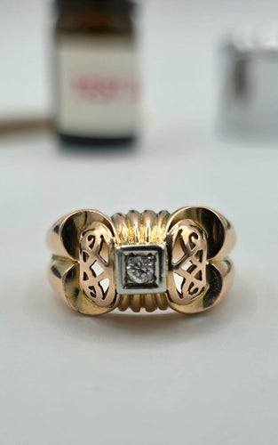Bague 61 Bague Tank rétro en or jaune 18 carats et diamant taille brillant 58 Facettes Bague tank
