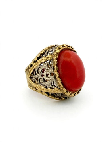 Bague 50 Bague en or jaune et blanc 18k, corail ovale et corps travaillé 58 Facettes 632/26 C SHD