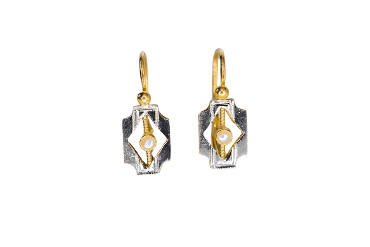 Boucles d'oreilles Boucles d’oreilles dormeuses Art déco avec perles, en or jaune et blanc 18 carats 58 Facettes 4243