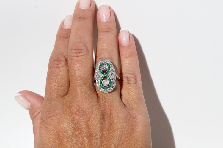 Bague 54 Bague de style Art déco en platine, diamants et émeraudes 58 Facettes ANILLO 31