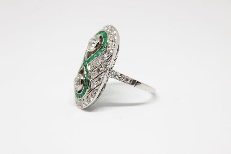 Bague 54 Bague de style Art déco en platine, diamants et émeraudes 58 Facettes ANILLO 31