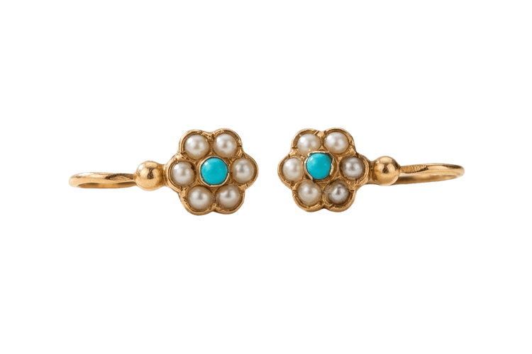 Boucles d'oreilles Boucles d’oreilles dormeuses anciennes en or jaune 18k, turquoise, perles et boîte d’origine 58 Facettes earrings