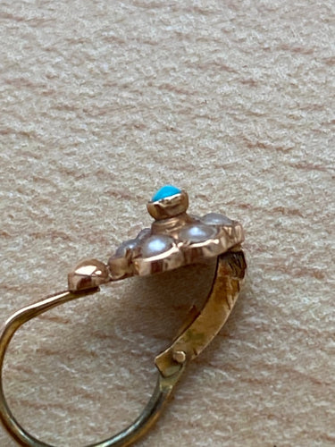 Boucles d'oreilles Boucles d’oreilles dormeuses anciennes en or jaune 18k, turquoise, perles et boîte d’origine 58 Facettes earrings