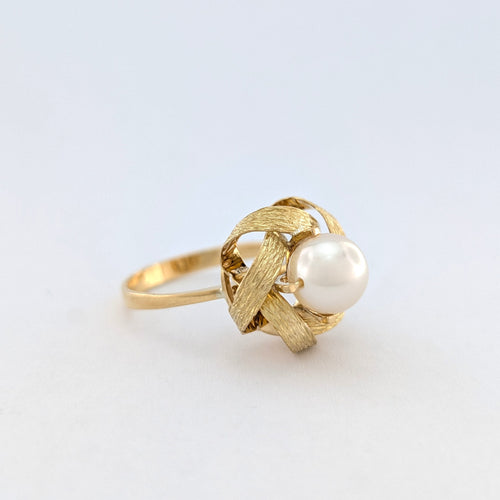 Bague 54 Bague florale en or jaune 18 carats et perle de culture 58 Facettes 27552