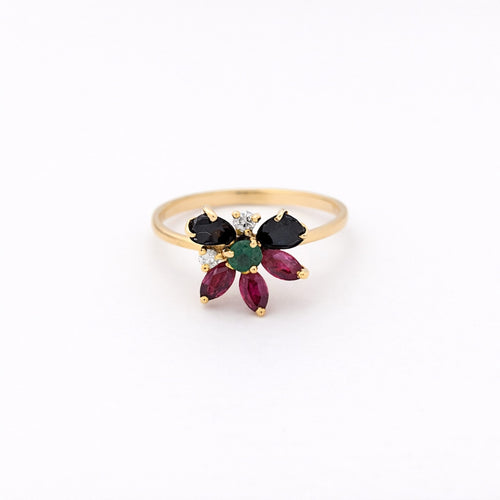 Bague 53 Bague florale en or jaune 18 carats, émeraude, rubis, saphirs et diamants 58 Facettes 29575