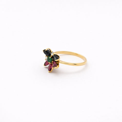 Bague 53 Bague florale en or jaune 18 carats, émeraude, rubis, saphirs et diamants 58 Facettes 29575