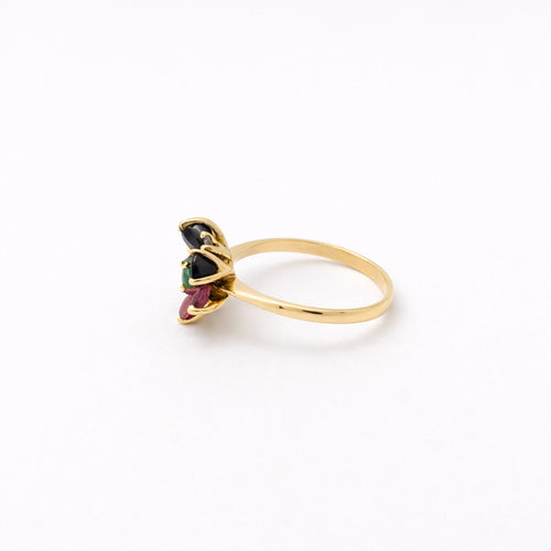 Bague 53 Bague florale en or jaune 18 carats, émeraude, rubis, saphirs et diamants 58 Facettes 29575