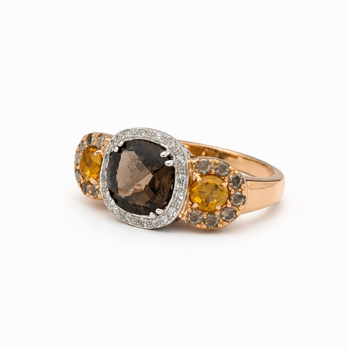 Bague 52 Bague quartz fumé en or rose et blanc, citrines et diamants 58 Facettes 32603