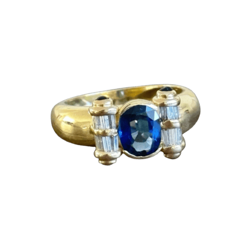 Bague saphir et diamants baguettes en or jaune 18 carats