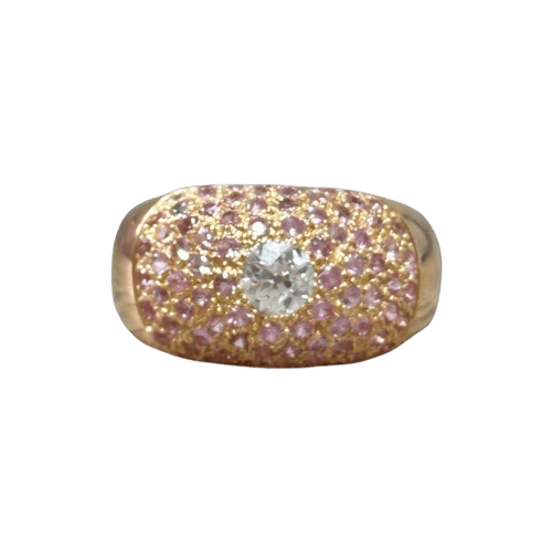Bague 54 Bague dôme en or rose 18 carats, diamant 0,50 ct et saphirs roses 58 Facettes 197