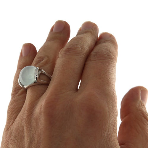 Bague 55 Anello en or blanc avec béryl variété aigue-marine Milky 58 Facettes G3717