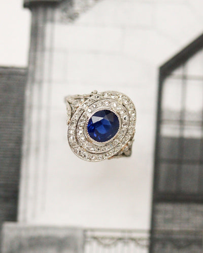 Bague 47.5 Bague Pompadour en platine, saphir et diamants taille rose 58 Facettes A11969