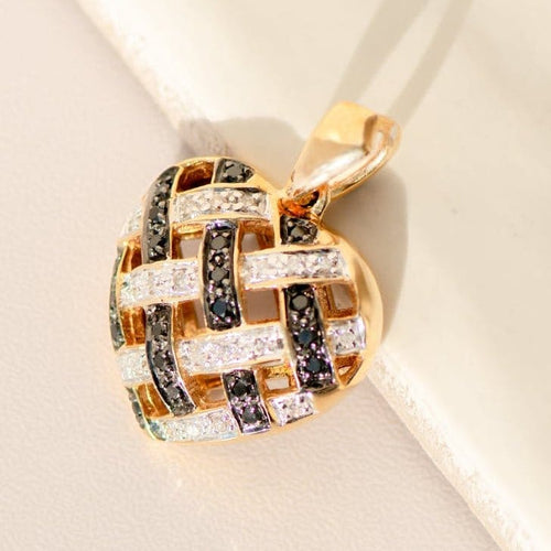 Pendentif Pendentif cœur en or jaune 14 carats et diamants blancs et noirs 58 Facettes