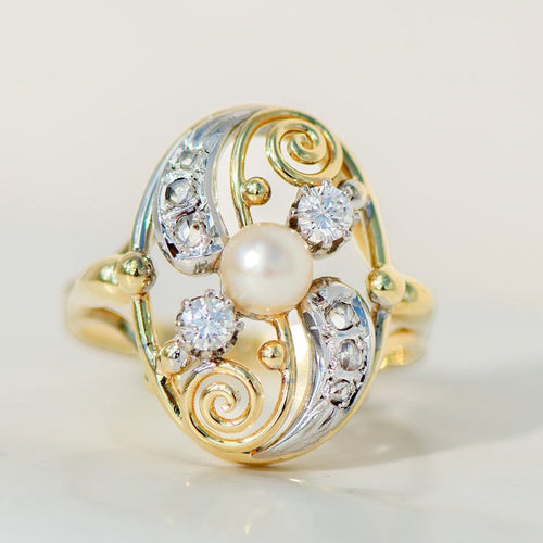 Bague 58 Bague Art nouveau en or jaune et blanc 585 avec perle et diamants 58 Facettes