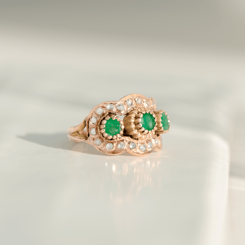 Bague 54 Bague victorienne - Émeraudes et diamants taille rose en or rose 14K 58 Facettes