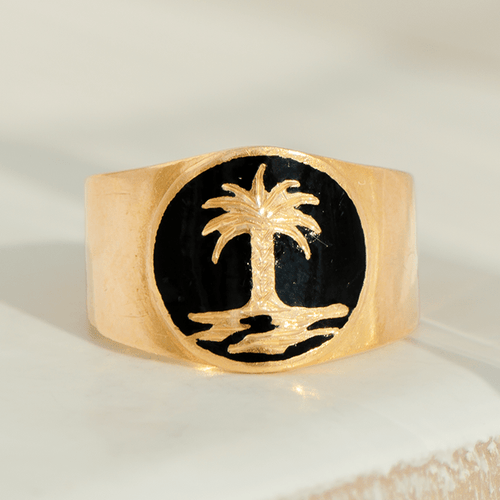 Bague 56 Bague vintage en or jaune 18 carats avec palme et émail noir 58 Facettes