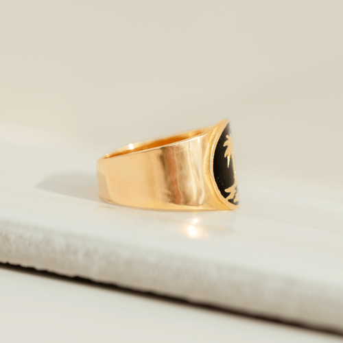 Bague 56 Bague vintage en or jaune 18 carats avec palme et émail noir 58 Facettes