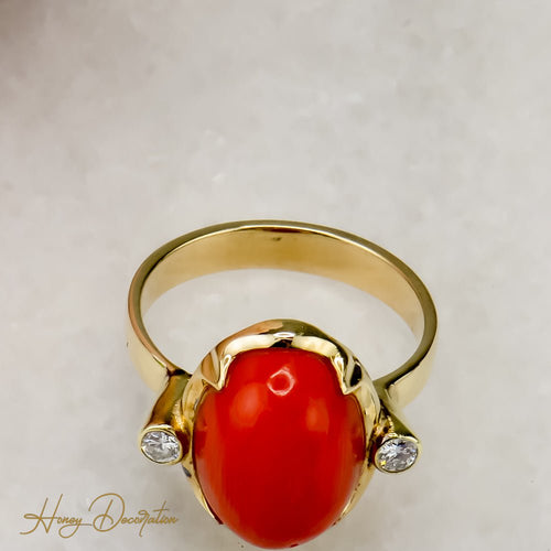 Bague 59 Bague corail en or 14 ct avec diamants 58 Facettes 2659