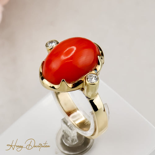 Bague 59 Bague corail en or 14 ct avec diamants 58 Facettes 2659