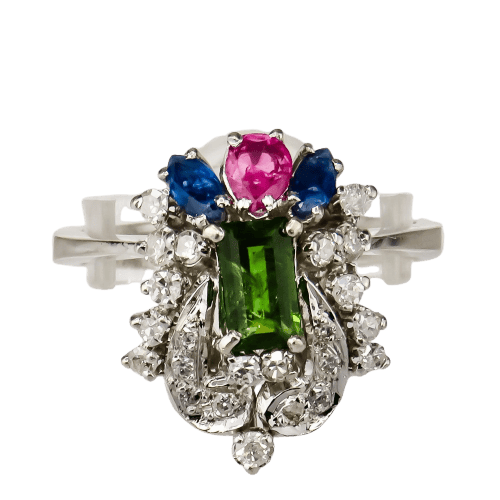 Bague 53 Bague ancienne en or blanc avec diamants, saphirs, tourmaline et péridot 58 Facettes 2516