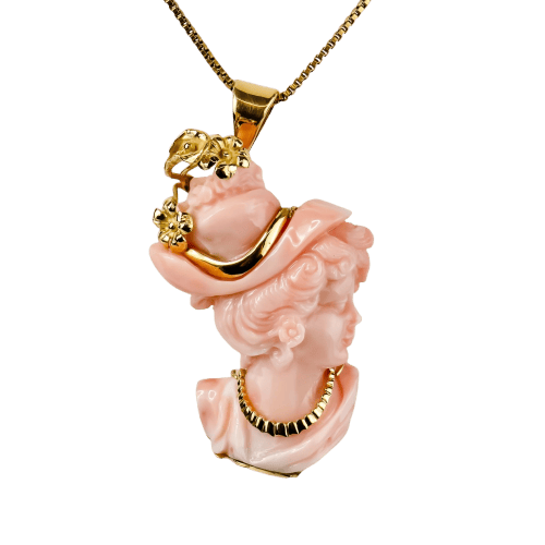 Broche Damenportrait - Brosche en or jaune 18 carats et corail 58 Facettes 2514