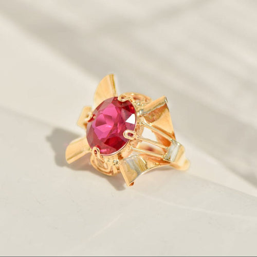 Bague 54.5 Cocktailring vintage - Bague en or jaune 14 carats avec rubis synthétique 58 Facettes 2353