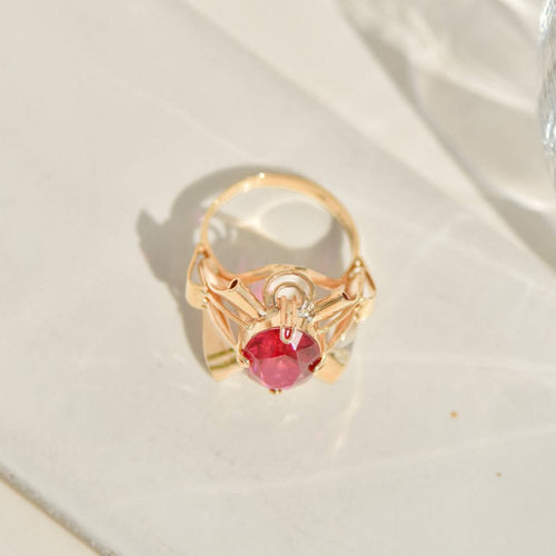 Bague 54.5 Cocktailring vintage - Bague en or jaune 14 carats avec rubis synthétique 58 Facettes 2353