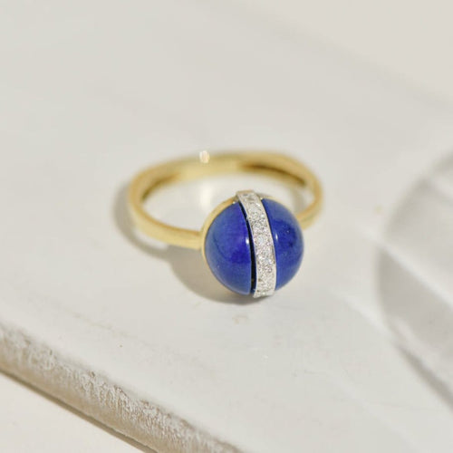 Bague 55 Bague vintage en or jaune 14K avec lapis-lazuli et diamants 58 Facettes 2372