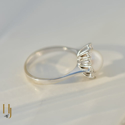 Bague 54 Bague vintage en or blanc 14 carats avec perle Mabe et diamants 58 Facettes