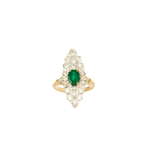 Ring 58 Vintage marquise ring with diamonds and Emerald center in gold and Platinum 58 Facettes