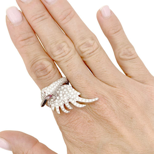 Bague 51 Boucheron Animaux de Collection - Bague « Cypris, le Cygne » en or blanc, diamants et rubis 58 Facettes 34865
