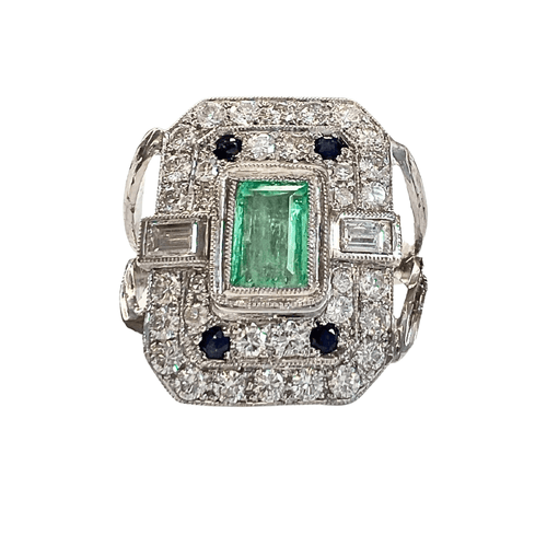 Bague 56 Bague en platine de style Art Déco avec diamants, saphirs et émeraude 58 Facettes Q72B (923)