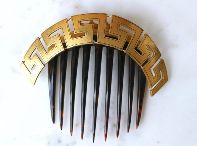 Peigne de cheveux méandre grec en or jaune 18k et écaille 58 Facettes