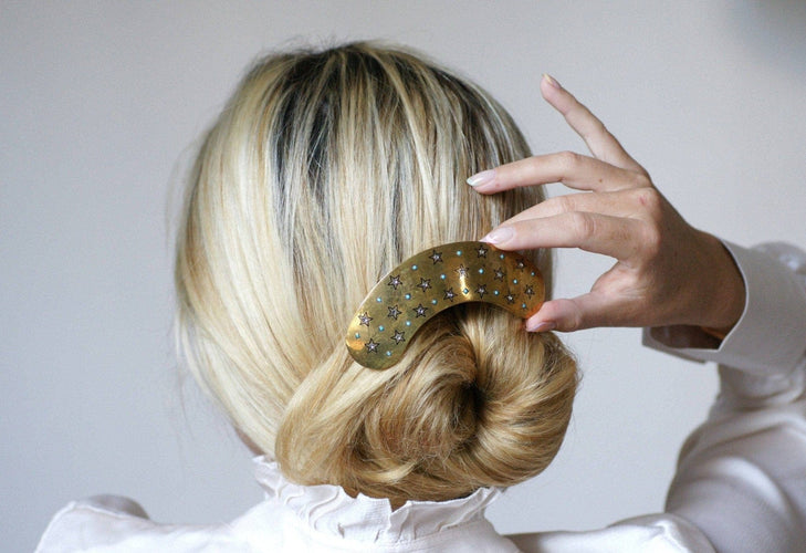 Peigne diadème étoile en corne, métal doré et turquoise 58 Facettes