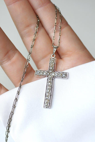 Pendentif Pendentif croix Art déco en or et platine, perles et diamants 58 Facettes