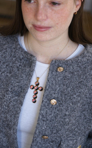 Pendentif Pendentif croix cabochons d’agates en or jaune 14kt 58 Facettes