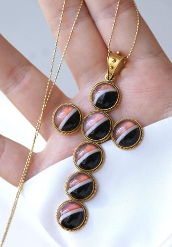 Pendentif Pendentif croix cabochons d’agates en or jaune 14kt 58 Facettes