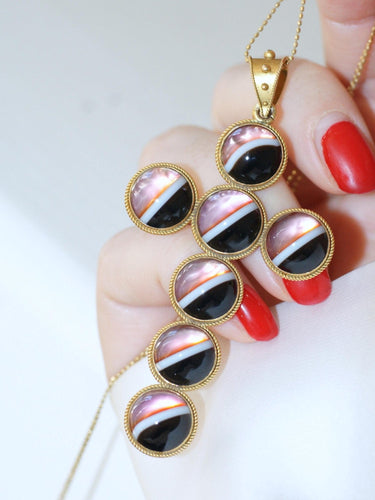 Pendentif Pendentif croix cabochons d’agates en or jaune 14kt 58 Facettes