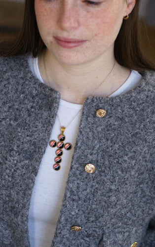 Pendentif Pendentif croix cabochons d’agates en or jaune 14kt 58 Facettes