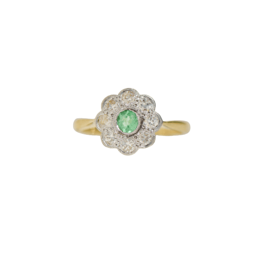Bague 48 Bague vintage florale en or jaune 750, émeraude et diamants 58 Facettes