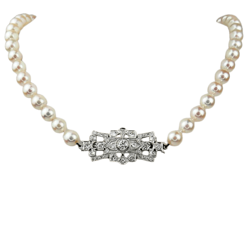 Collier Broche Art déco avec chaîne de perles en or blanc 585 et diamants 58 Facettes 2151