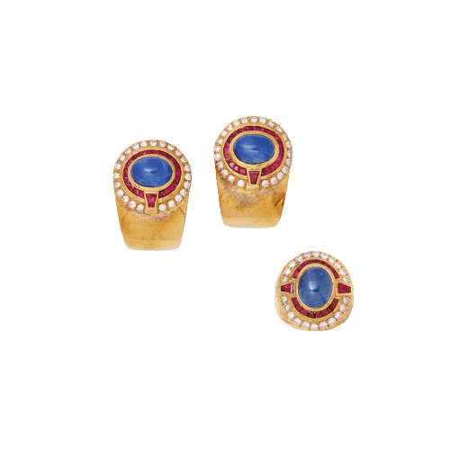 Bague 50 Sabbadini - Parure boucles d’oreilles clips et bague en or jaune 18K, saphir, rubis et diamants 58 Facettes 22830