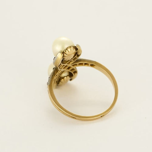 Bague 53.5 Bague Toi et Moi en or jaune et argent, perles et diamants taillés en rose 58 Facettes MON0919