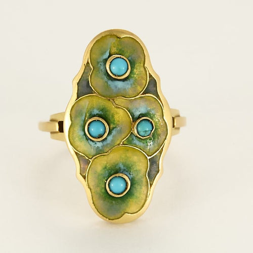 Bague 58.5 Bague en or jaune à motif de fleur stylisée, émail et turquoises 58 Facettes PRG2092