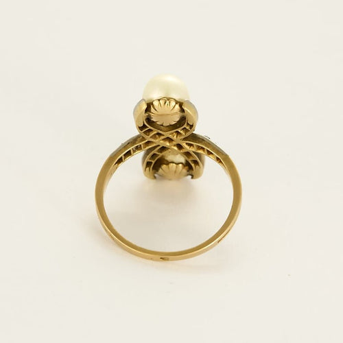 Bague 53.5 Bague Toi et Moi en or jaune et argent, perles et diamants taillés en rose 58 Facettes MON0919