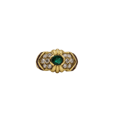 Bague 50 Bague or jaune sertie d’émeraude, diamants et rubis 58 Facettes