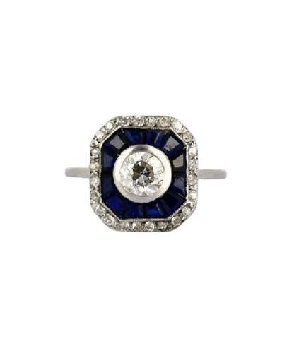 Bague 54 Bague Art déco à chaton octogonal en platine, saphirs et diamants 58 Facettes 178
