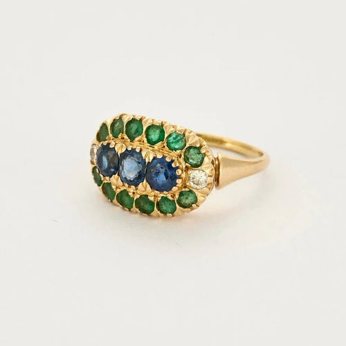 Bague 54.5 Bague or jaune, saphir, diamants et émeraudes 58 Facettes GU282