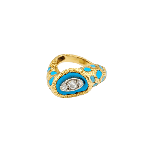Bague 52 Bague en or jaune 18 carats avec diamants et émail turquoise 58 Facettes 32397
